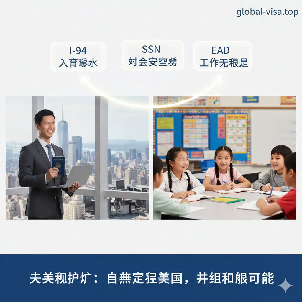 展示马绍尔护照功能特性的概念图。图片采用分屏构图：左侧展现持有护照的职场人士在纽约写字楼内工作，右侧展示其子女在美国公立学校快乐学习的场景。中间用光亮的线条连接，上方漂浮着‘I-94’、‘SSN’和‘EAD-Free’的虚幻ICON标签。整体色彩明亮，传达出自由定居美国的核心权益。