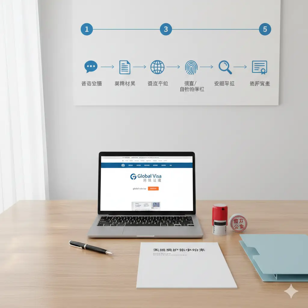 一张清晰的申请流程示意图。以一张整洁的现代办公桌面为背景，上面放置着笔记本电脑、签字笔、马绍尔申请表格和一枚公章。背景墙上通过扁平化的图标展示出从‘咨询评估’到‘获批宣誓’的6步流程图。光线柔和自然，体现出Global Visa专业、合规、透明的办理流程。