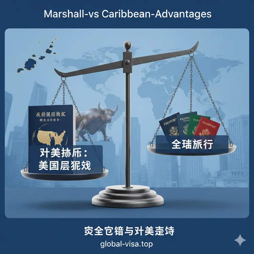 关于马绍尔护照与加勒比护照优势对比的信息图视觉。左侧聚焦于通往美国的跳板，右侧则是全球旅行。图片用天平的视觉效果突出马绍尔在‘美国居住权’上的绝对优势。色调偏向金融蓝，背景隐约可见华尔街牛像与马绍尔群岛地图，强调其作为资产配置与赴美捷径的双重价值。