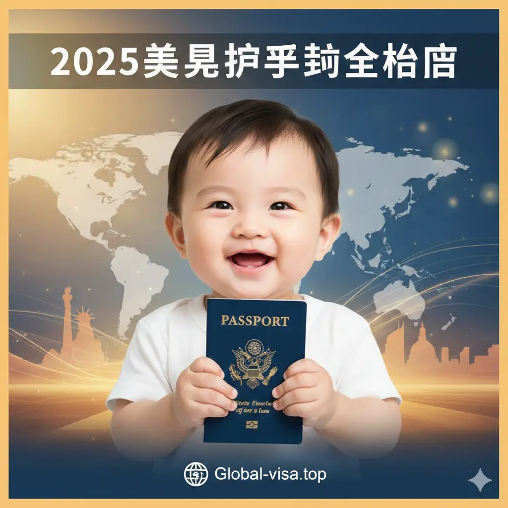 一张富有希望和国际感的图片，用作文章封面。画面中心是一个可爱、面带笑容的美宝（亚洲儿童面孔），手持一本封面有美国国徽的蓝色美国护照。背景是虚化的世界地图或城市剪影（如中国长城和美国自由女神像的象征性融合），象征全球流动性。整体色调明亮、温暖，突出'2025美宝护照申请全指南'的标题氛围，以及Global-visa.top的专业性。