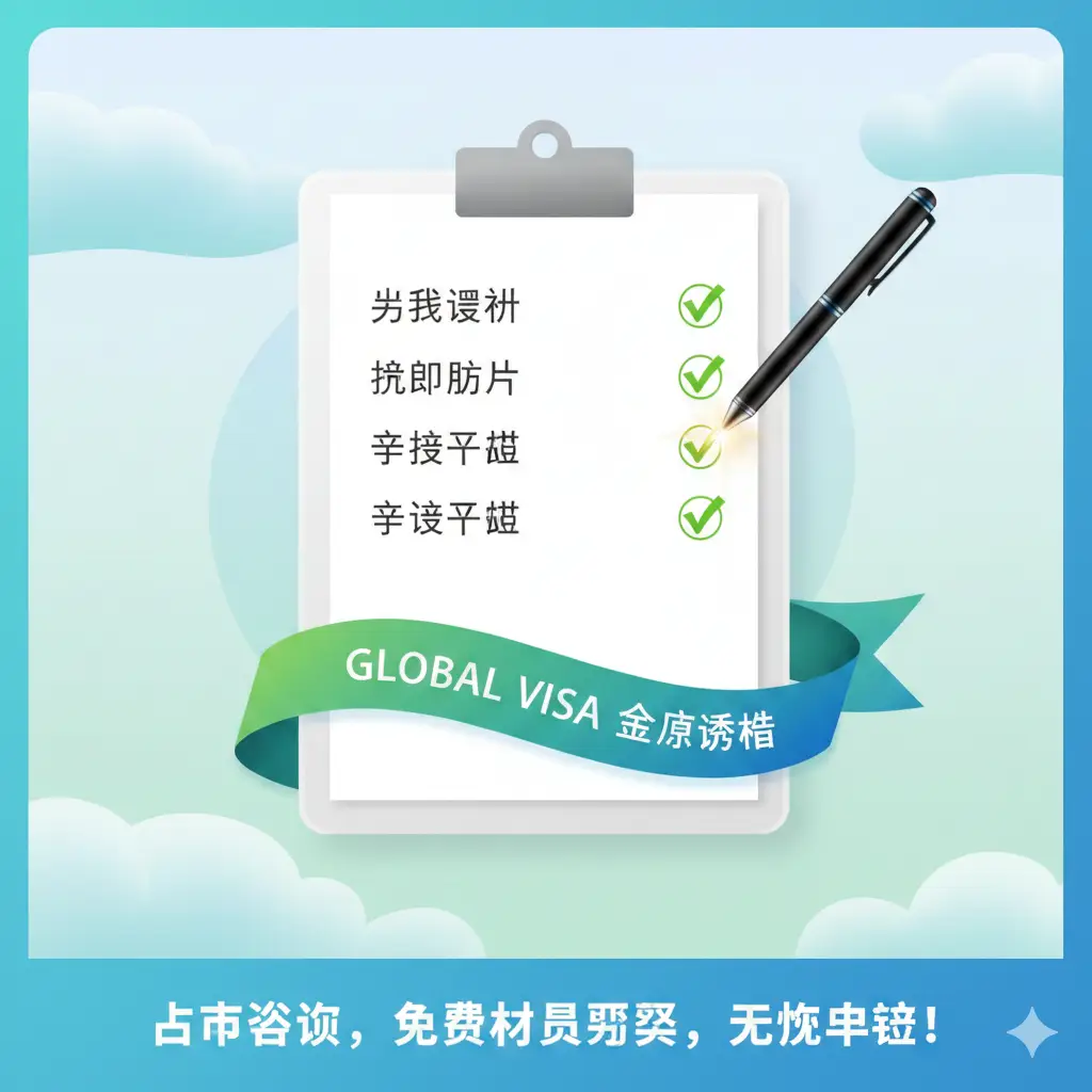 一张总结和号召行动的图片，强调'免费材料预审'和无忧申请。画面中心是一个简洁的Checklist（核对清单）和一只打勾的笔，象征材料准备的严谨和成功。背景是一个象征'无忧/顺利'的绿色或蓝色丝带，上面印有'Global Visa'。底部留出空间用于行动号召（如'点击咨询'），整体感觉高效、可信赖，引导用户联系顾问。