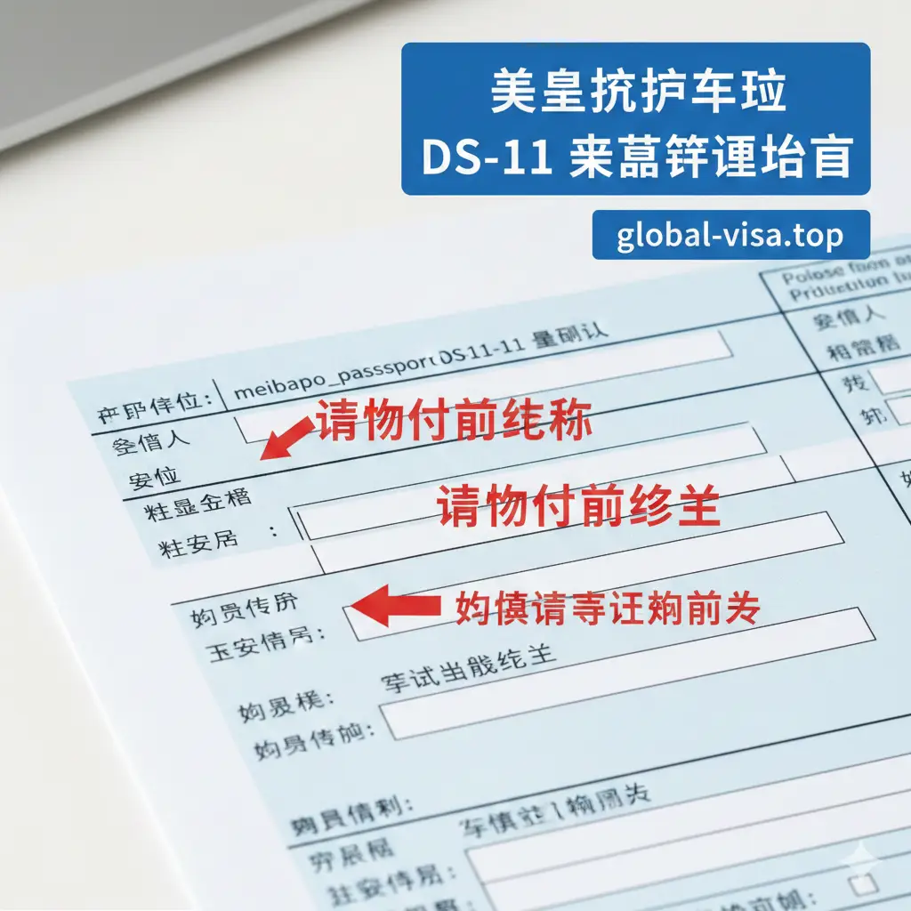 一张功能性图片，聚焦于DS-11表格的关键填写指导。主体是一个放大的DS-11表格局部，特别是'Name'、'SSN'和'Parents Information'等易错字段。在关键栏目旁用红色箭头和中文醒目标注'勿提前签名'、'填写出生姓氏(Maiden Name)'等提醒。整体风格简洁、信息密集，使用蓝色和红色强调重点，展示专业指导能力。