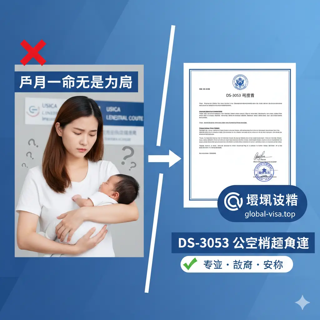 一张突出解决特殊问题优势的图片，聚焦于'父母一方无法到场'的DS-3053场景。画面分割成两部分：左侧是一个焦急的父母形象，代表'痛点/焦虑'；右侧是一个清晰的DS-3053公证文件和Global Visa的Logo，代表'解决方案'。文字提示'DS-3053公证难题解决'。风格专业、对比强烈，突出平台对疑难杂症的解决能力和蓝海价值。