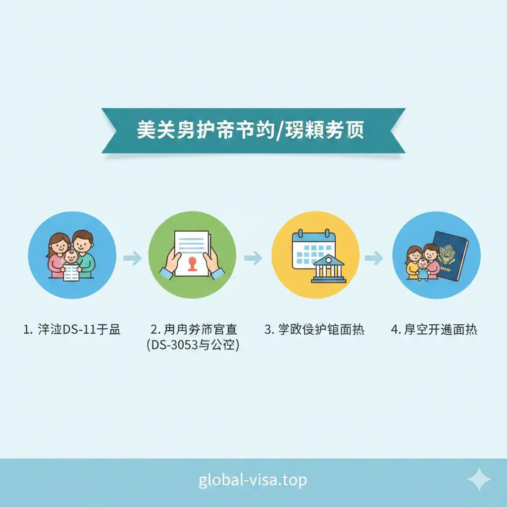 一张关于美宝护照申请/更新教程的流程图，用于配合'美宝护照申请与更新'专题部分。图片应采用三步或四步的流程图设计，从左到右或从上到下。关键步骤包括：1. 确认DS-11表格；2. 父母双方同意（强调DS-3053表格和公证）；3. 预约使领馆；4. 面谈。使用卡通风格的家庭（父母和孩子）图标，以及护照、公证书的符号，颜色使用柔和的蓝、绿、黄，营造亲切但专业的指导氛围。