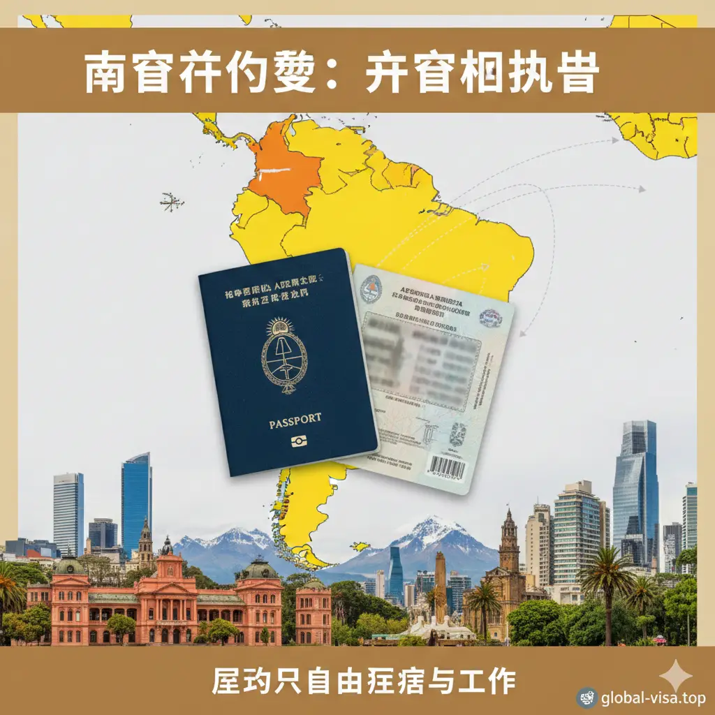 一张突出展示南方共同市场（Mercosur）优势的图片。画面中展示南美洲地图，阿根廷、巴西、智利等国家被亮色标注。前景是阿根廷护照与国民身份证DNI并排摆放。背景融入了南美多元的建筑风格和自然的南美风情，色调鲜艳充满活力，强调阿根廷公民在区域内自由居住与工作的独特权利。