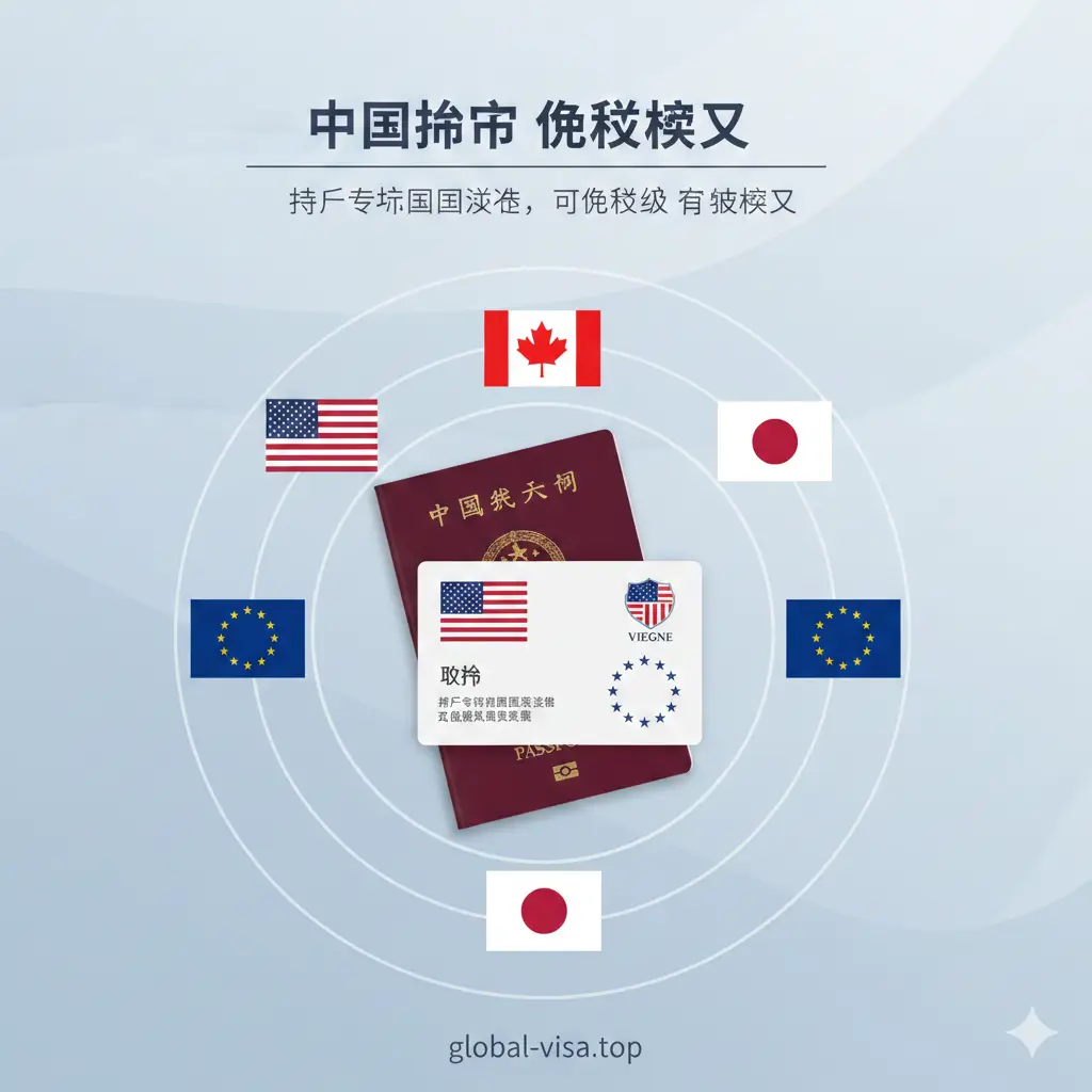 一张富有创意的信息图示背景。核心元素是中国护照与一张带有美国签证、申根签证标识的卡片重叠，周围环绕着美国、加拿大、日本、英国和申根区的微缩国旗。背景采用简洁的浅蓝色商务风格，光线柔和。画面传达出‘持有特定签证即可免签’的功能核心，各元素排布整齐，视觉中心突出，极具专业感。