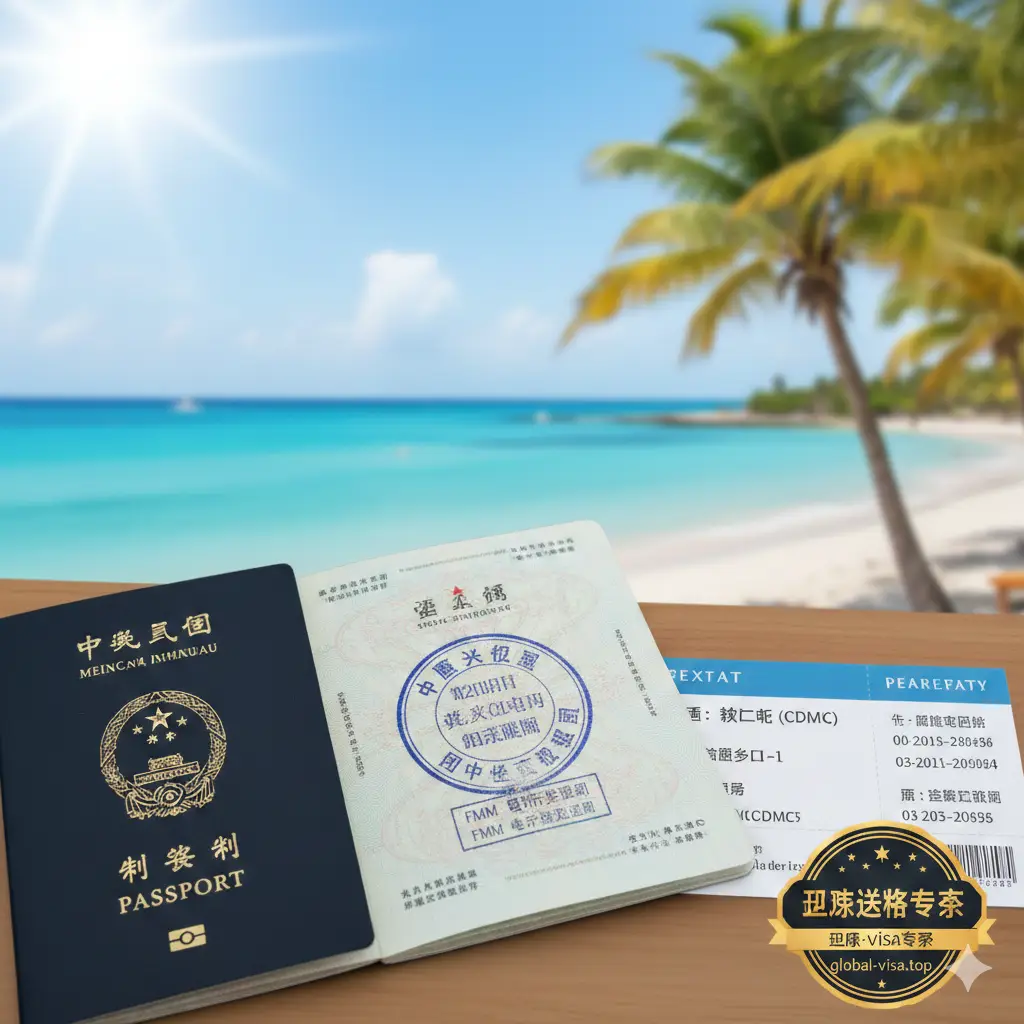 文章总结性图片。画面中心是一个盖有墨西哥入境章（FMM电子记录）的护照页面，旁边放着一张前往墨西哥城（CDMX）的往返机票。背景是模糊的墨西哥海滩风景，象征顺利入境后的美好旅程。构图简洁，色彩鲜艳且充满活力。画面右下角巧妙融入global-visa.top的品牌调性，给人一种‘万无一失、完美收官’的视觉心理暗示。