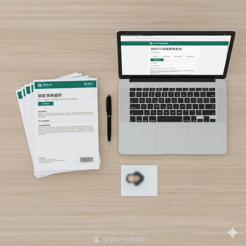 一张展示墨西哥签证申请流程的教程示意图。画面展现一个整洁的桌面，放着一台显示着预约系统的笔记本电脑、一叠整齐的银行流水证明文件（UMA标准）、一支签字笔和一张白底两寸证件照。构图采用俯拍视角（Flat Lay），色彩明亮中性，强调材料准备的严谨性和流程感，引导用户一步步完成预约和材料收集。