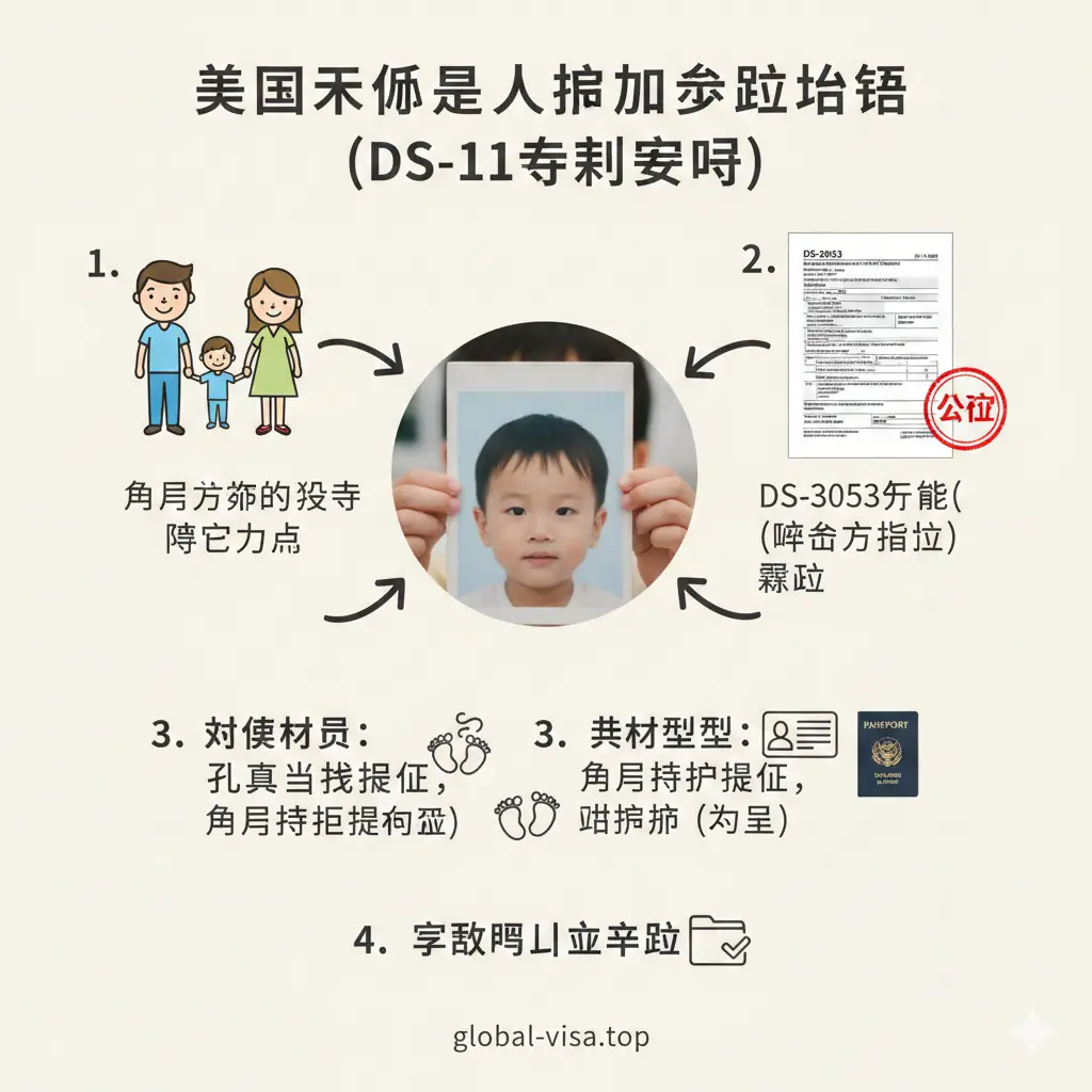 这是一张关于未成年人申请美国护照（DS-11特殊要求）的教程图。画面中央是一个手持护照照片的儿童面部特写，但主要信息在周围。重点突出'父母双方必须到场'和'DS-3053公证'两个关键步骤。左侧是一个代表父母双方到场的卡通图标（两个大人和一个小孩），右侧是一个清晰的DS-3053表格样本局部图，旁边配有一个公证印章的图标，强调其公证要求。图片采用信息图表（Infographic）的风格，使用箭头和步骤编号来指导流程，背景色为米白色，字体清晰，易于阅读，突出复杂流程的简化指导。