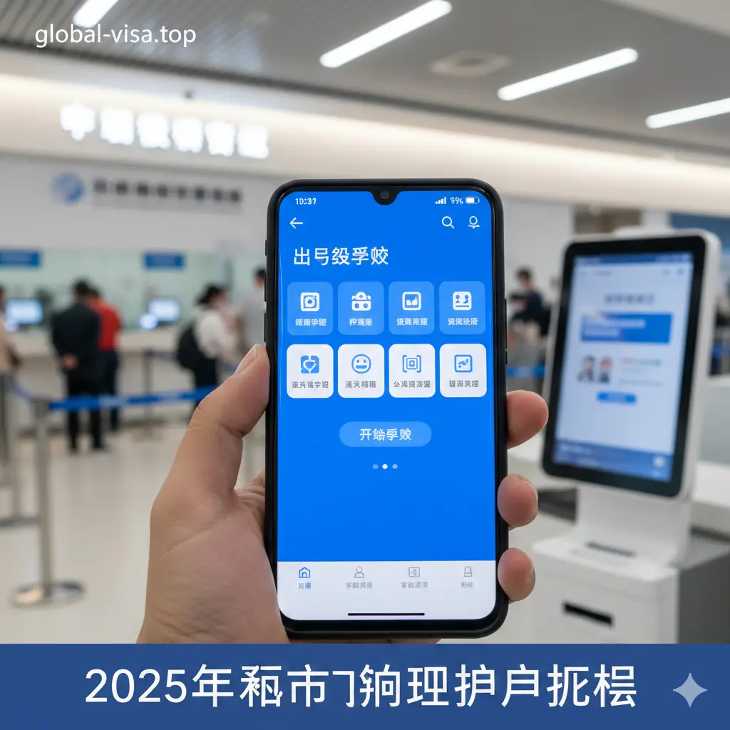 第一人称视角的特写摄影图，展示一只手握着智能手机，屏幕上清晰显示'闽政通'APP或国家移民管理局小程序的'出入境预约'界面。背景是模糊的福州行政服务大厅环境，隐约可见智能填表机。重点突出线上预约的便捷性，屏幕UI设计清晰，色彩以科技蓝为主，引导用户关注预约步骤。