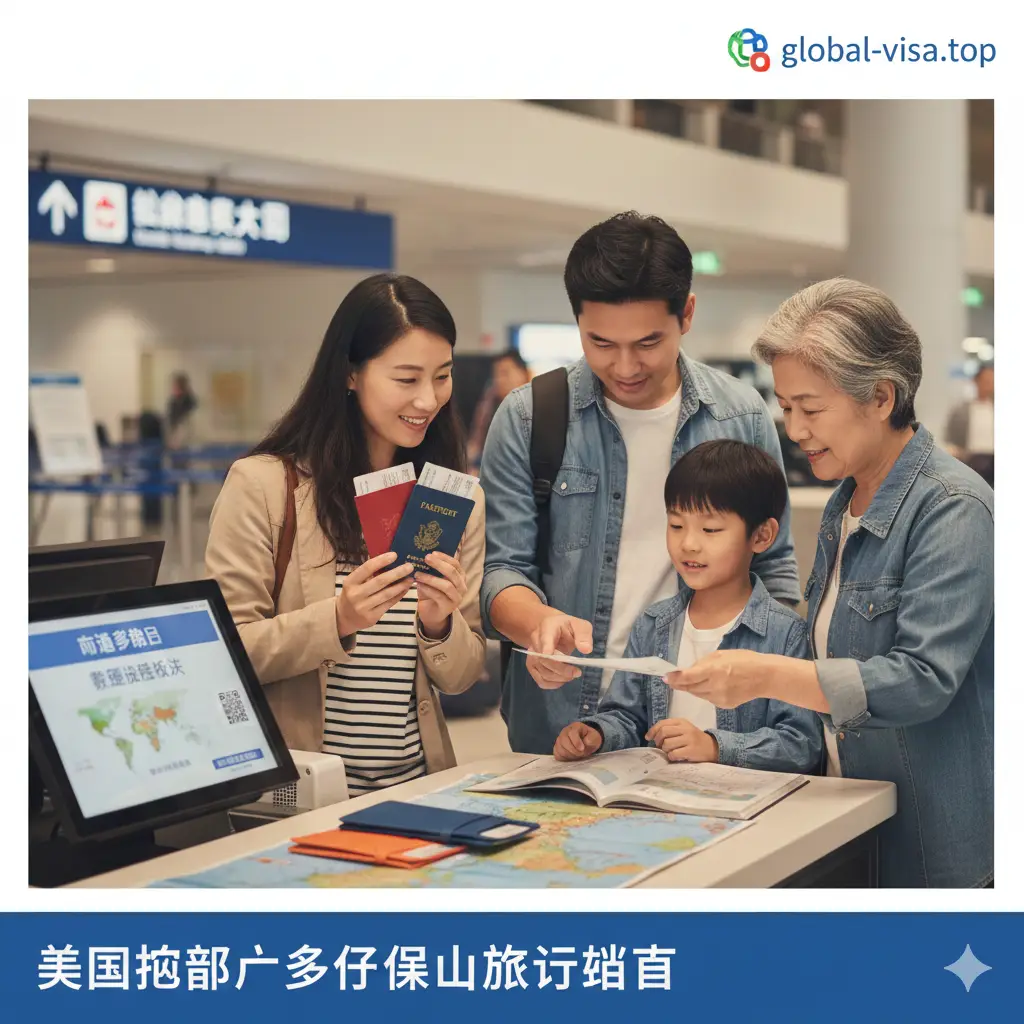 一张温馨且具有指导意义的家庭出行场景图。画面展示一个华裔家庭（包括父母、孩子和老人）正在机场柜台前整理证件。背景带有‘Canada Immigration’的模糊指示牌。风格温暖亲切，强调‘混合身份家庭’的复杂性。图中隐约可见不同颜色的护照夹，通过这种视觉叙事引导用户关注不同家庭成员的签证准备工作。