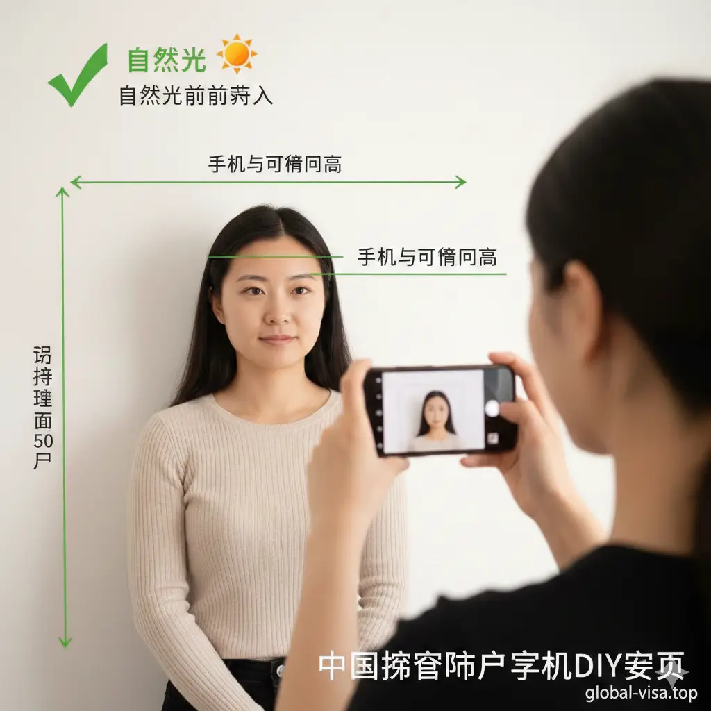 手机拍摄DIY教程视觉图。画面展示一名用户正拿着智能手机，由他人辅助在白色墙壁前拍摄。图中用辅助线标注出正确的拍摄要点：如距离墙面50厘米、手机镜头水平对准眼睛、自然光从正前方射入。画面中伴有代表‘正确’的绿色勾号图标，色调温馨且极具实操指导意义，构图侧重于展示拍摄环境和光线布局。