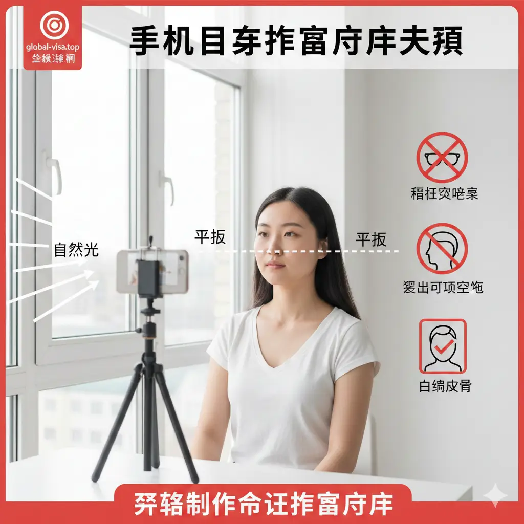 手机自拍护照图片的保姆级教程图。画面展示一名用户正对着明亮的自然光窗户，手持智能手机架在三脚架上拍摄证件照。背景是一面白墙，画面中用箭头标注出光线射入的方向和拍摄者平视的角度。色调明亮自然，人物表情中性，侧边加入了一些图形化的拍摄小贴士（如：禁止戴眼镜、留出头顶空间），充满实操感和教学氛围。