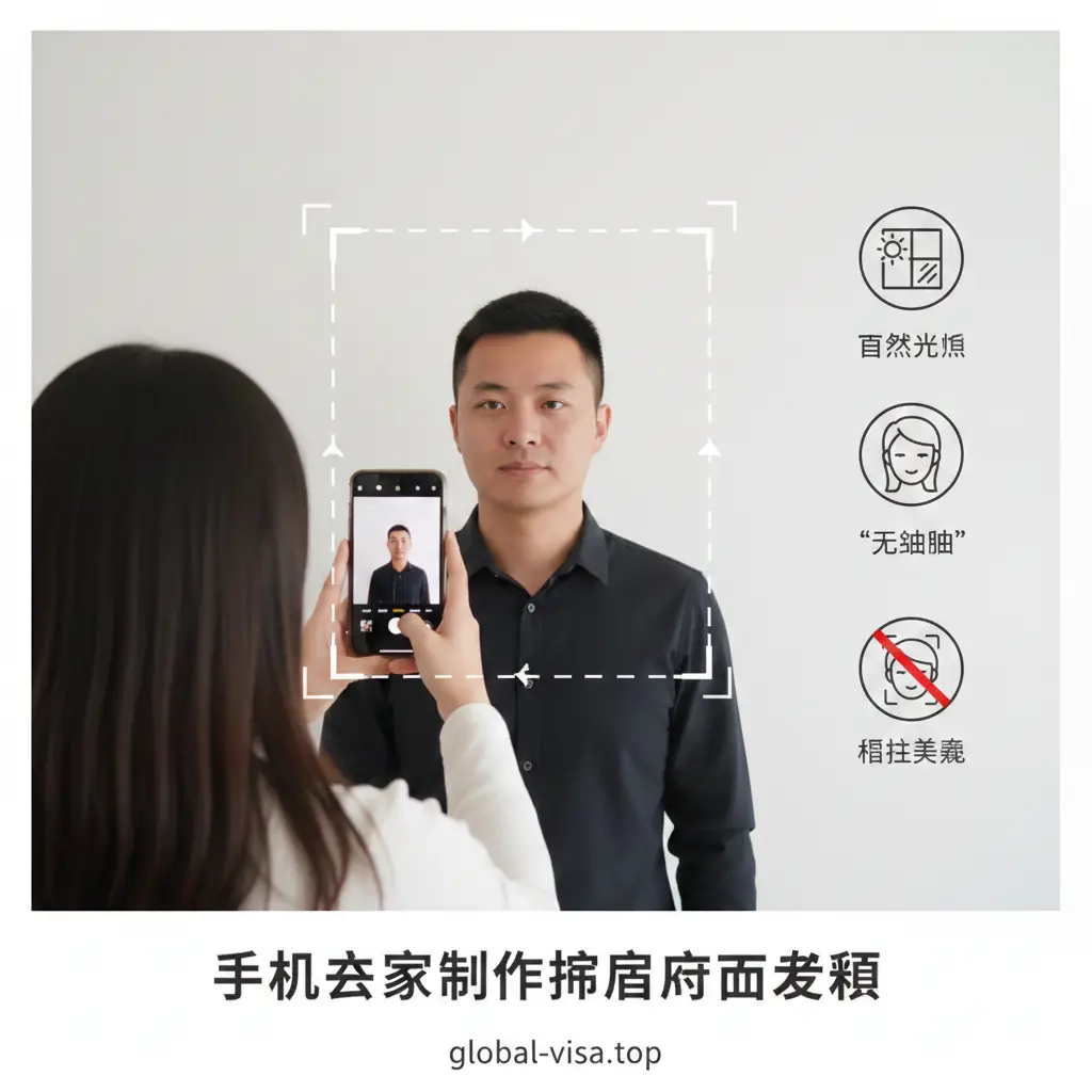 一幅展示如何用手机在家拍摄护照照片的实操教程图。画面中，一名男士正站在白墙前，另一人手持智能手机（后置摄像头对准）为其拍照。图片中用虚线框标出正确的构图比例，显示头部和肩膀的留白空间。旁边配有小的图标提示：自然光照、无阴影、禁止使用美颜。风格温馨、明亮且极具指导意义，色彩自然，构图平衡。