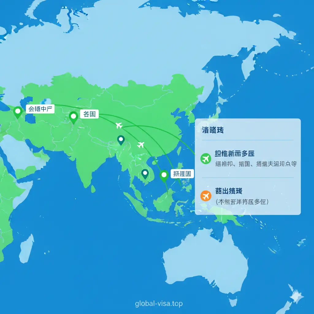 一张清晰的信息图表风格图片，展示亚洲及中东地区的地图。重点高亮显示新加坡、泰国、马来西亚、阿联酋等互免签证国家，使用醒目的绿色定位图标标记。画面右侧设计一个半透明的悬浮列表，区分'互免签证'与'落地签'两类图标，并配有飞机起飞的动态线条元素。设计风格扁平化且专业，色彩采用科技蓝与明亮绿的组合，旨在直观展示2025年免签版图的扩大，方便读者一眼识别热门目的地。