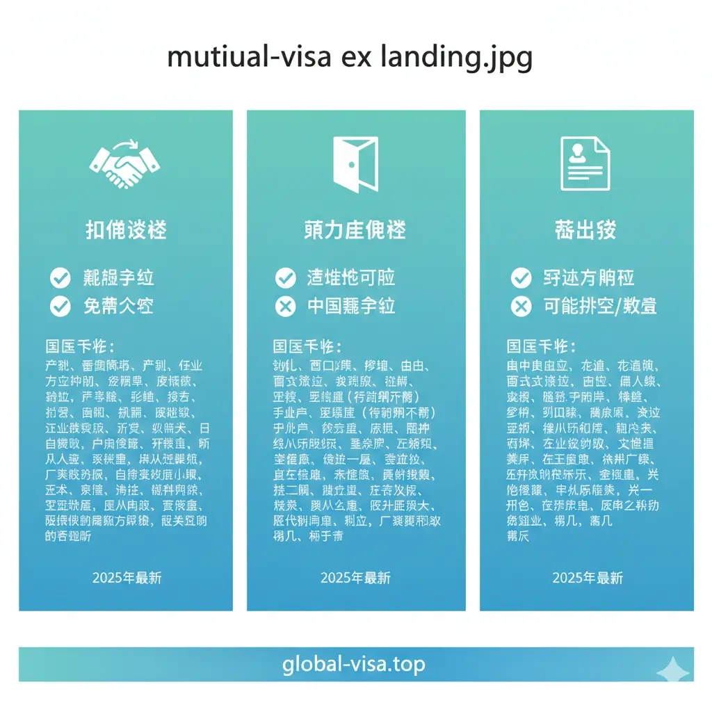 采用现代扁平化设计的信息图表风格，清晰展示三种签证类型的区别。画面分为三个主要板块：互免签证（握手图标，象征双向奔赴）、单方面免签（敞开的大门图标）、以及落地签（盖章文件图标）。每个板块下方用简洁的视觉元素列出关键差异，如是否需要排队、是否免费等。色彩使用清爽的蓝绿配色，配合白色背景，视觉清晰易读，帮助用户一眼识别不同免签政策的含金量差异。
