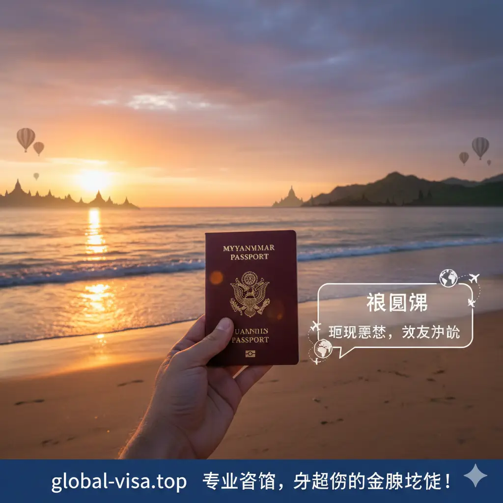 一张温馨且具有启发性的总结图。画面是一个旅行者手持缅甸护照在海滩或风景名胜前的背景，夕阳余晖洒在护照封面上。旁边带有文字占位符，象征旅行的圆满结束。整体氛围轻松、自由，色彩饱满且富有感染力，以此鼓励读者通过专业咨询实现全球旅行梦想，作为文章的完美收尾。