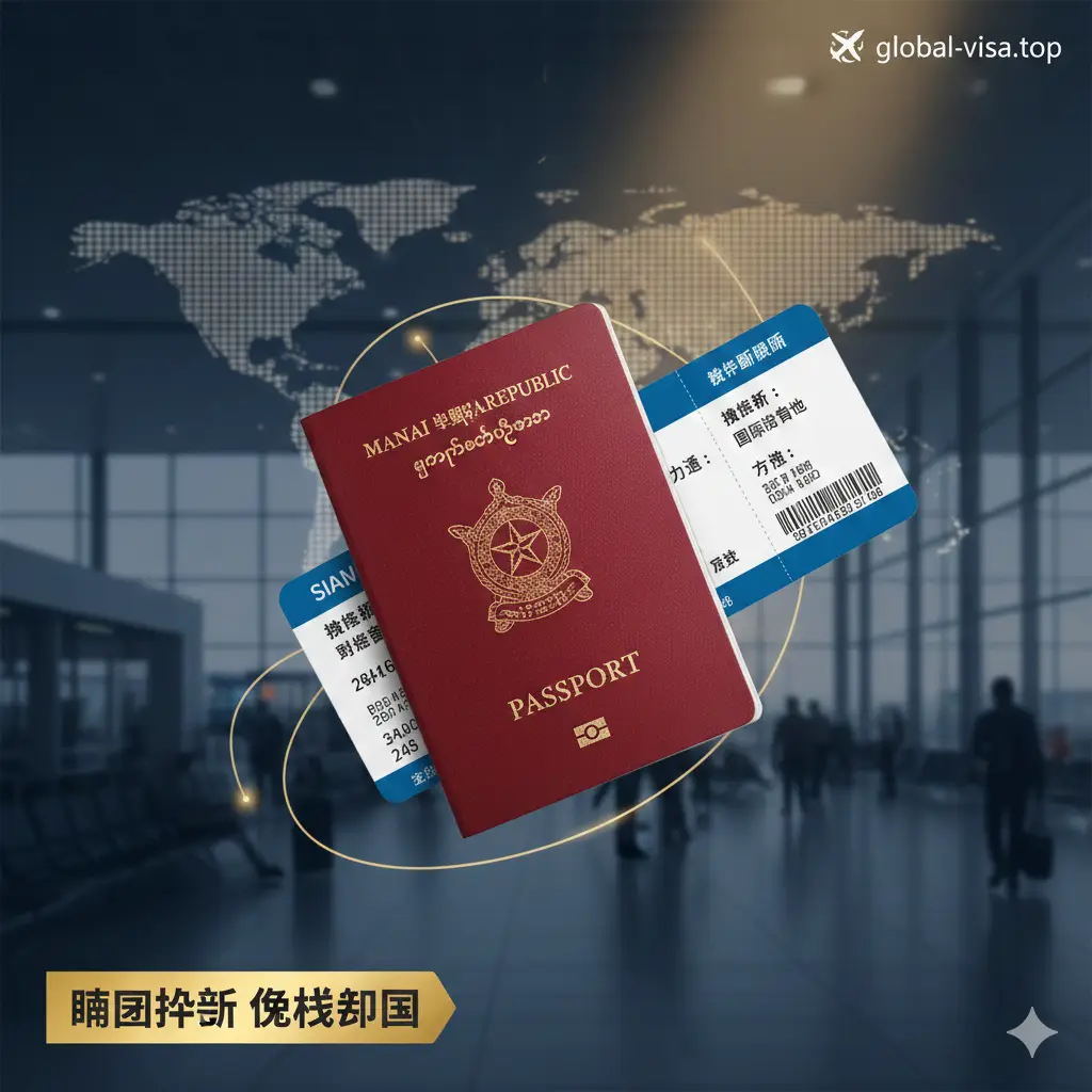 一张高质量的封面图，画面中心是一本红色的缅甸护照和一张飞往国际目的地的机票，背景是模糊的全球地图和现代化机场候机大厅的剪影。色调以温暖的金色和专业深蓝色为主，光影感强，构图采用对角线分布，展现出一种开启全球旅行的期待感和专业性，适合吸引想要查询缅甸护照免签国家的用户。
