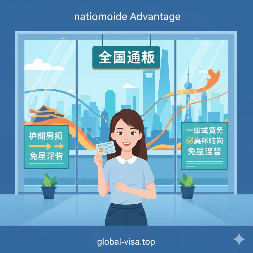 展示国内‘全国通办’政策优势的插画。画面中一个年轻女性拿着身份证，在繁华城市的政务服务中心背景下轻松办理业务。背景结合了北京、上海等城市剪影，象征异地办理的便捷性。色彩明亮，采用矢量插画风格，强调‘免居住证、一站式服务’的政策红利，给人以轻松、省时、高效的心理预期。