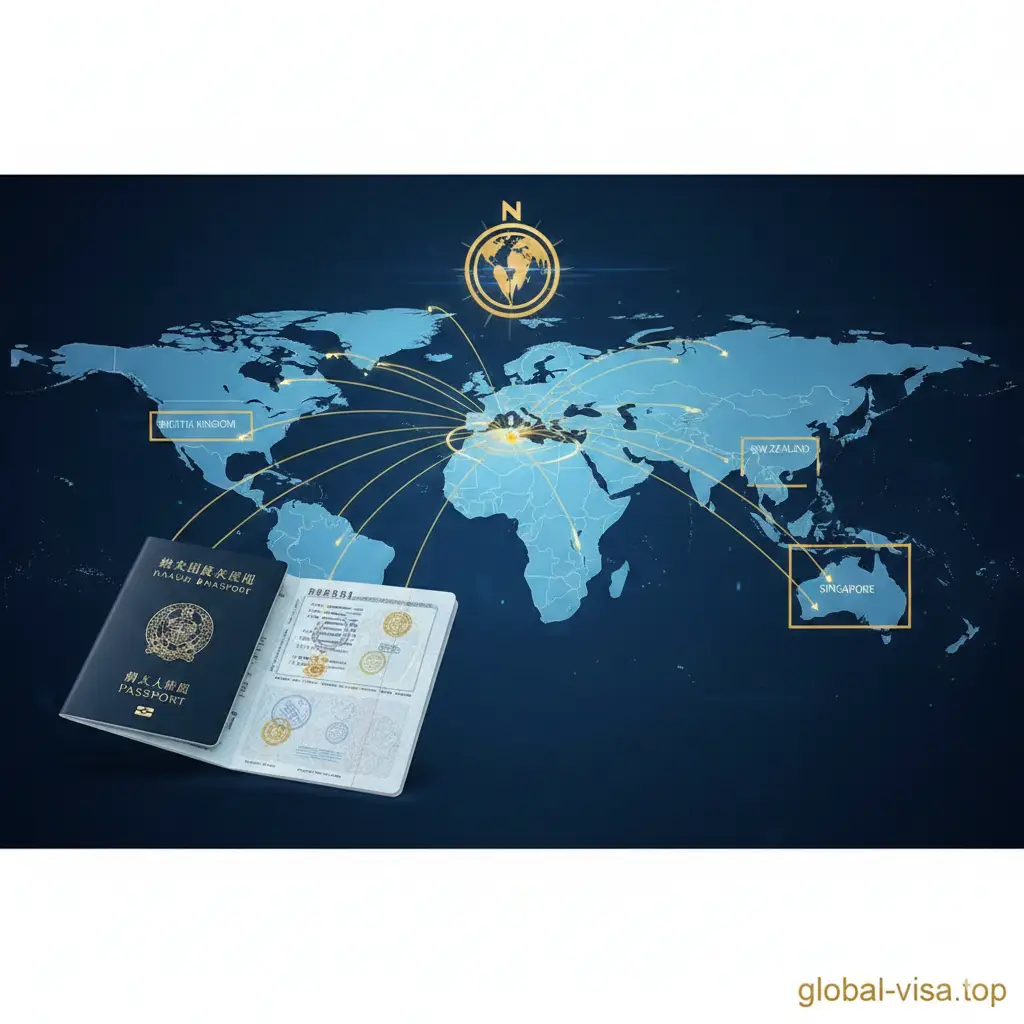 一张展示全球通行力的概念地图图片。画面中央是一张风格现代的世界地图，瑙鲁被特别高亮标记，并延伸出金色的飞行航线连接到英国、新加坡、新西兰等关键免签国家。背景采用科技感的深蓝色渐变，地图上方悬浮着‘Global Mobility’的半透明图标。护照元素以3D渲染形式呈现，打开状态下展示出签证页，象征着无国界的自由。构图开阔，色彩鲜明，直观传达出瑙鲁护照作为世界通行证的核心功能。