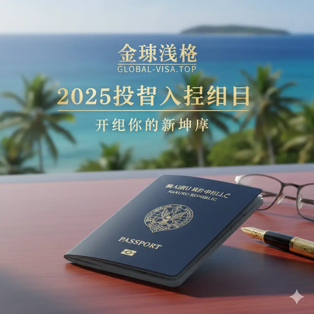 一张极具权威感与高端质感的封面图片，前景清晰展示一本深蓝色的瑙鲁护照放置在高级红木办公桌上，旁边有一支精致的金笔和一副眼镜。背景虚化处理，隐约可见湛蓝的太平洋海景与椰林，象征着太平洋岛国的地理位置。光线采用柔和的自然光，营造出商务与度假结合的‘Plan B’氛围。图片整体色调为深蓝与金色的搭配，体现Global-Visa的专业形象，视觉中心聚焦于护照封面，暗示2025年投资移民的新机遇。