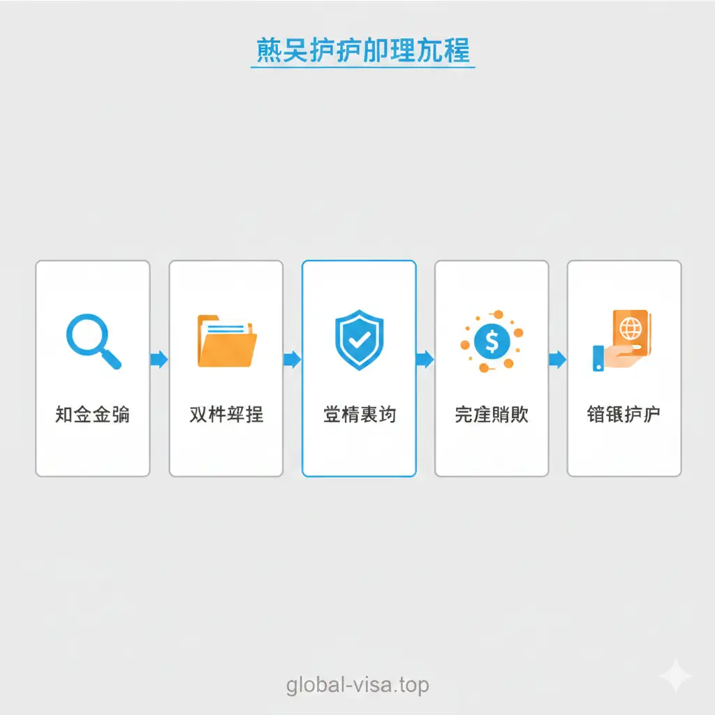 一张清晰、扁平化风格的流程图，用于解释瑙鲁护照的办理步骤。画面分为五个清晰的阶段：资格评估（放大镜图标）、文件准备（文件夹图标）、政府背调（盾牌图标）、完成捐款（美元货币符号）、领取护照（手持护照图标）。每个步骤之间用简洁的箭头连接，背景为干净的灰白色，图标使用亮蓝色和橙色进行点缀，确保信息易于阅读。整体设计专业、严谨，消除用户对复杂流程的恐惧感，体现Global-Visa的高效服务。