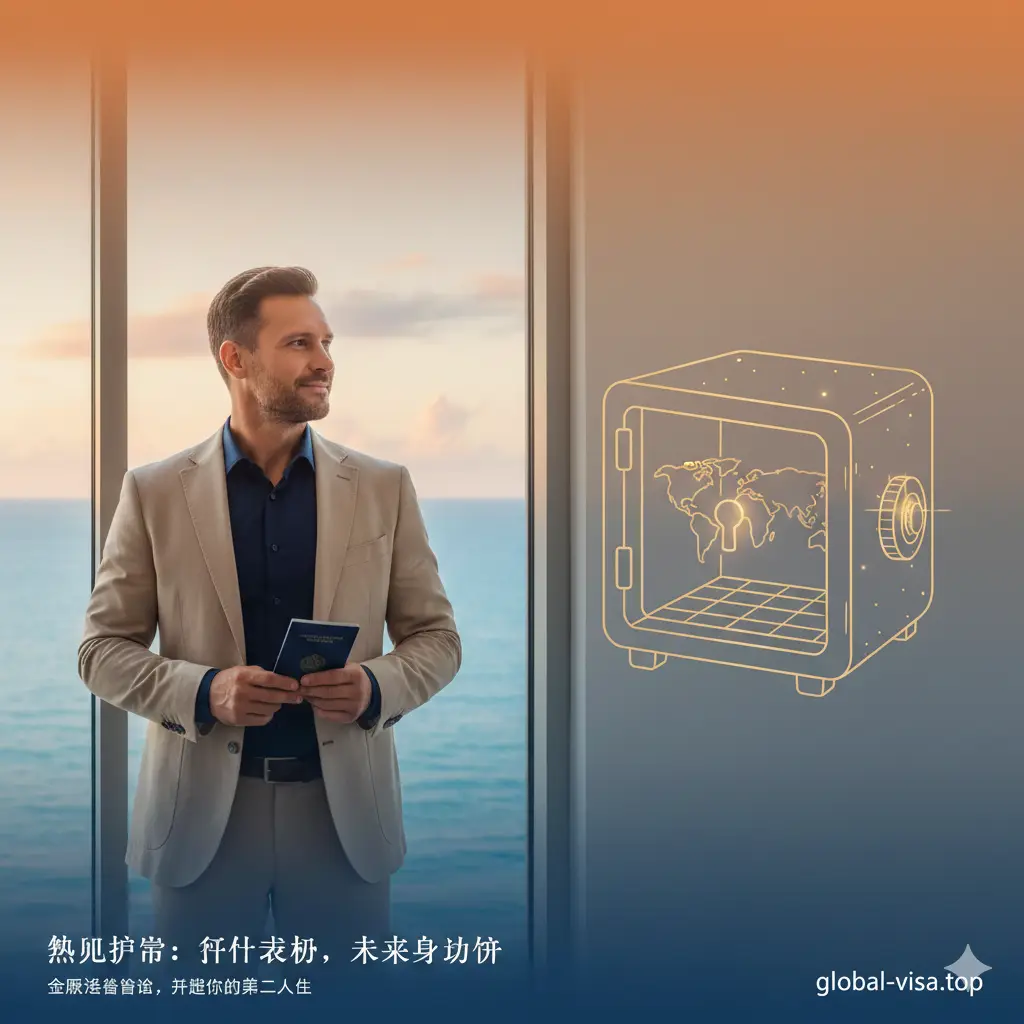 一张充满希望与安全感的总结性图片。画面描绘了一位穿着商务休闲装的成功人士站在落地窗前，眺望远方平静的海平面，手中轻轻握着一本护照，神情自信且放松。画面右侧留白处设计有隐喻性的‘打开的门’或‘保险箱’元素，象征着身份备份和资产安全。光线温暖明亮，色调以暖橙色和海蓝色交织，传达出‘拥有第二身份，掌握未来主动权’的情感共鸣，引导用户进行咨询。