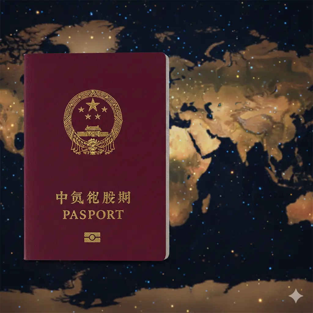 一张极具现代感和权威感的封面图。中心位置放置一本高清的中国电子普通护照，深红色的封面与醒目的金色国徽相映生辉，特写展示封底底部的电子芯片标志。背景是模糊的全球地图与璀璨的繁星光斑，采用温暖的金色与深蓝色调对比，构图大气，右侧留白方便添加文字，体现通向世界的意境。