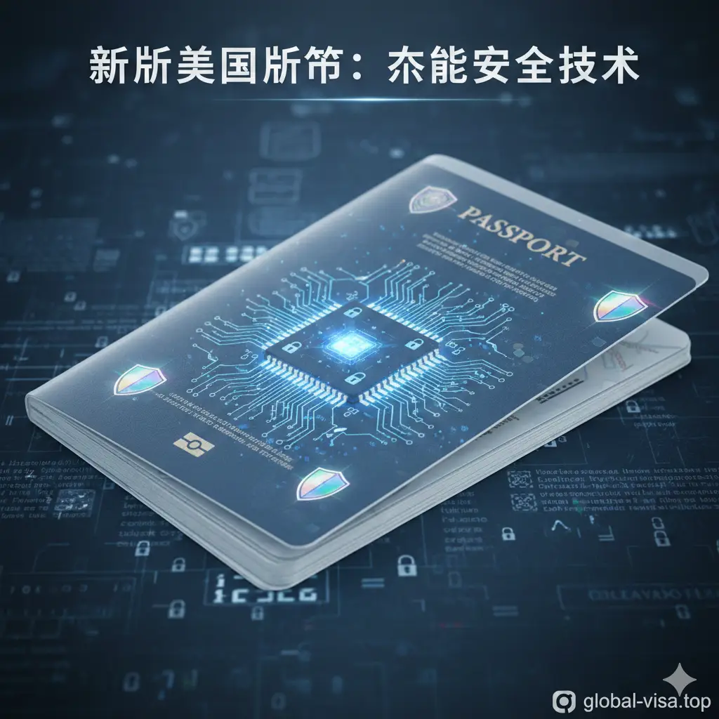 强调新版美国护照的核心安全与防伪技术。图片应采用透视叠加或X光效果，展示护照内嵌的升级芯片和复杂的加密电路，以及聚碳酸酯数据页的微缩文字和全息防伪图案。色彩以科技蓝和银灰色为主，营造高科技、防伪性能强的感觉。构图上，将芯片和数据页的安全细节作为焦点，旁边可以配有微小的锁头或盾牌图标，直观表现其安全性。