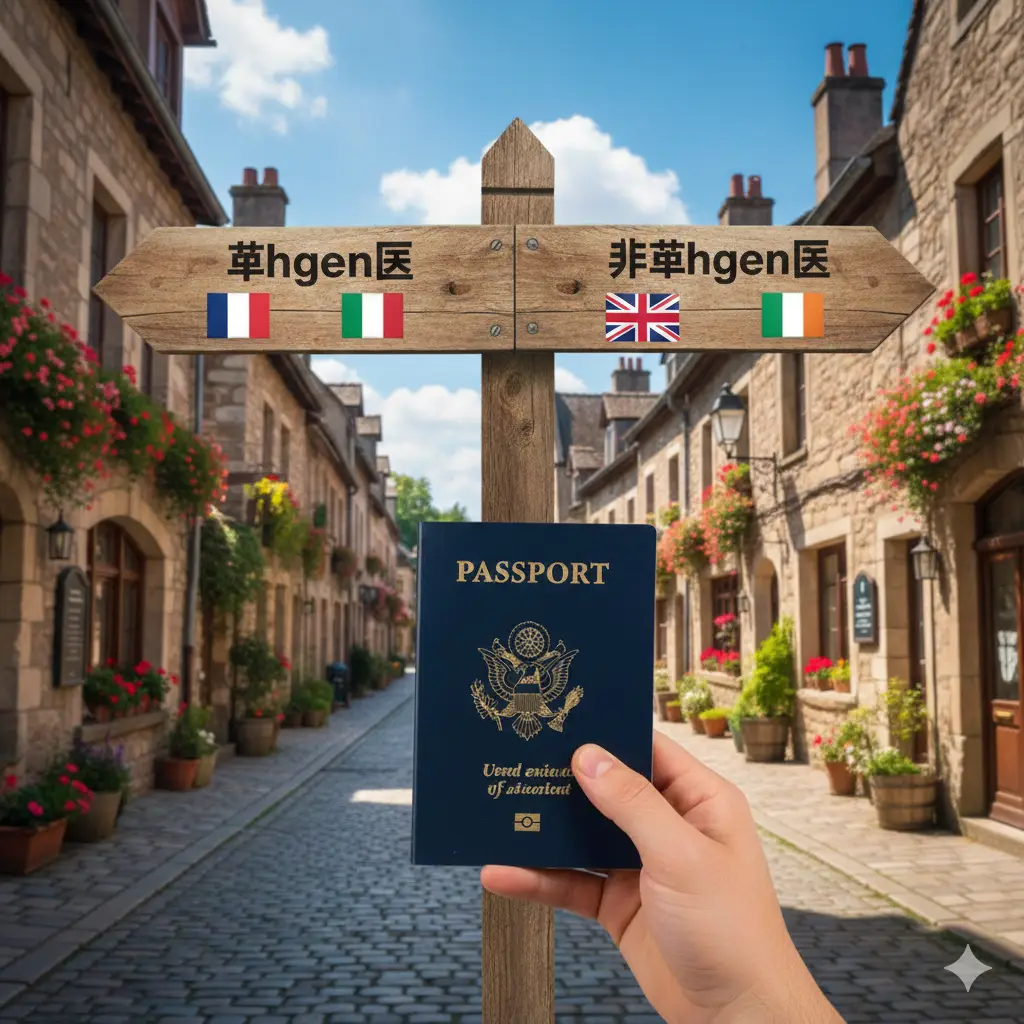 描绘一位旅行者的第一人称视角（POV），手中拿着美国护照，正面对一个分岔路口的木制指路牌。左边路牌指向'Schengen Area'（配有法国/意大利国旗），右边路牌指向'Non-Schengen'（配有英国/爱尔兰国旗）。背景是风景如画的欧洲小镇街道和蔚蓝天空，光线明亮自然。画面传达出美国护照持有者在欧洲旅行时的灵活性，突显可以利用非申根国家延长旅行时间的策略优势。