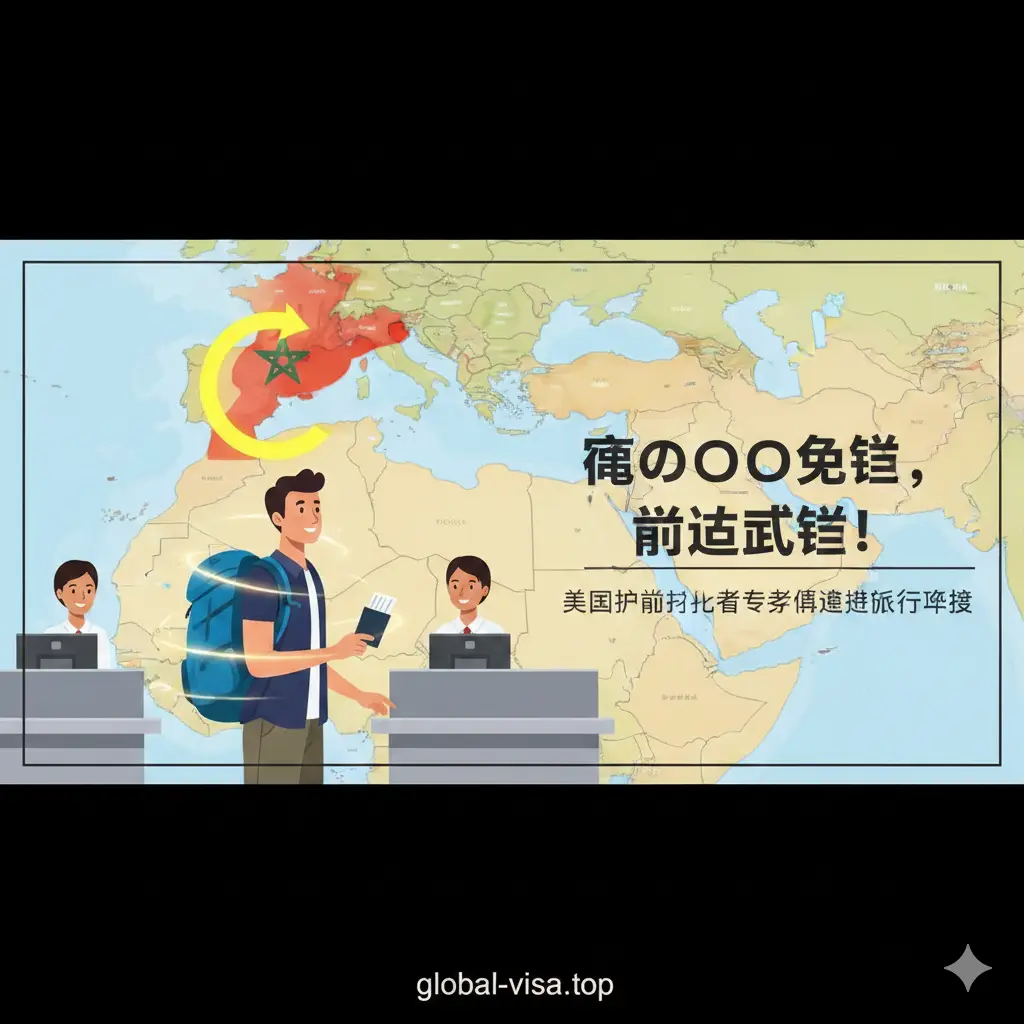 一张对比鲜明的优势展示图。背景是北非地图，摩洛哥区域被亮色高标。画面中展示了一位背着背包的旅行者轻松步入摩洛哥海关的情景，没有繁杂的签证文件。通过画面传达出‘免签证、说走就走’的便利性。色彩明亮，光影感强，给人以自由、无障碍旅行的视觉感受。