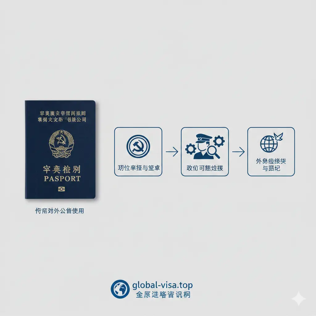 一张具有流程指引感的示意图，描述朝鲜护照的严格管理流程。画面左侧展示护照证件，右侧是极简的流程图表，包含单位盖章、政治审核、外务省签发等抽象图标。背景采用干净的浅灰色调，风格类似现代百科全书插图，利用柔和的冷色调灯光，突出流程的严谨性与非公开性，构图平衡且易于理解。