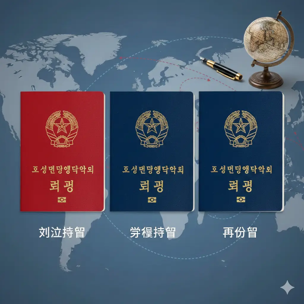 一张展示不同种类朝鲜护照对比的创意概念图。画面中整齐排列着红色封面（外交）、深蓝色封面（公务/普通）的三本护照。背景是抽象的全球外交地图线条，色彩基调以蓝、灰、红为主，风格专业且偏向商务地理学。构图采用等距视角，旁边点缀有精致的钢笔或世界地图仪，体现护照作为权力和身份象征的功能性。