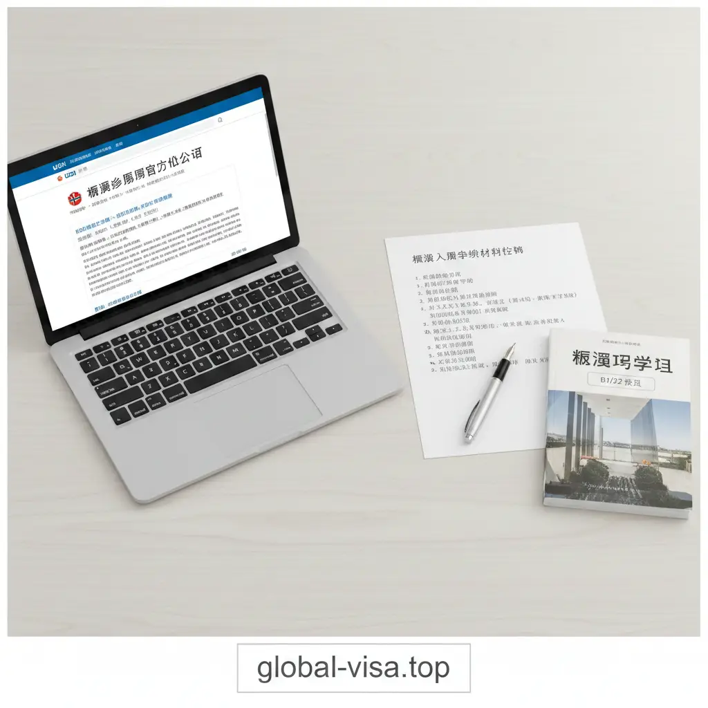 一张具有引导性的流程化视觉图片。画面中展示了一张干净的办公桌面,上面摆放着一台显示着UDI(挪威移民局)官网界面的笔记本电脑,旁边是一份整洁的申请材料清单、一支高级钢笔和一本挪威语课本。构图整洁有序,采用俯拍视角。色彩以极简的白色、灰色和淡木色为主,体现出申请过程的合法性、专业性和透明度。