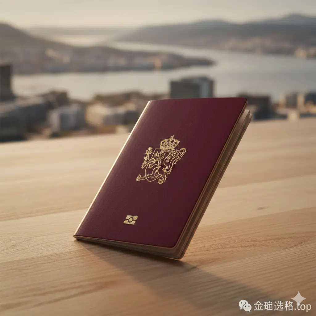 一张极具质感的挪威护照封面特写图片。画面中央是一本暗红色的挪威护照,封面上印有精致的挪威国徽金标。护照斜放在一张干净的北欧风格木质书桌上,背景是模糊的奥斯陆城市远景或宁静的峡湾风光。光影柔和,采用电影感的侧光照明,整体色调温暖且高端,传达出身份的尊贵感与国际旅行的自由感。