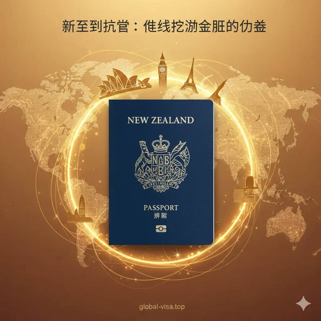 展现新西兰护照免签优势的视觉图像。画面构图以新西兰护照为中心，周围环绕着标志性的全球名胜剪影，如悉尼歌剧院、伦敦大本钟、埃菲尔铁塔和纽约自由女神像。背景是一张朦胧的世界地图，使用暖色调的光影效果，象征着持该护照可以自由探索世界，表达出无拘无束的旅行自由度。