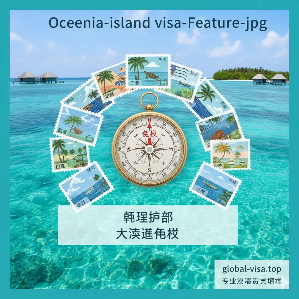 一张展示大洋洲海岛国家特性的功能图。画面中心是一个精致的指南针和多张大洋洲国家的邮票(如斐济、帕劳、瓦努阿图等)。背景是透明清澈的南太平洋果冻海,远处有水上屋。风格简洁现代,色彩以蒂芙尼蓝和白色为主,构图平衡,突出‘免签’与‘轻松度假’的关联,体现global-visa.top专业整理的数据感。