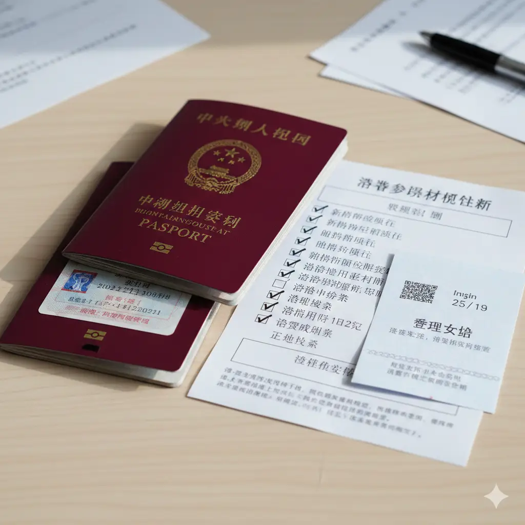 写实风格的桌面静物摄影，特写展示新旧两本中国护照叠放在一起。旧护照的边角已被剪角（表示注销），但翻开的一页清晰显示着仍然有效的外国签证；新护照崭新发亮。旁边配有一份勾选好的材料清单（Checklist）和回执单。光线明亮自然，质感细腻，旨在直观解释“新旧护照联用”及材料准备的细节，消除用户对签证失效的顾虑。