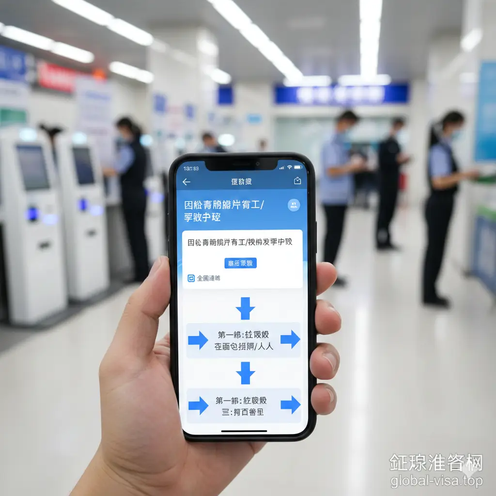 一张展示护照办理流程的教程图片。画面展示一只手正在操作智能手机，屏幕上显示着中国移动政务平台的预约界面，背景是模糊的出入境管理大厅场景。图中加入了明显的步骤箭头标识（1-2-3），分别指向预约、采集和受理。色彩搭配以科技蓝和简洁白为主，构图聚焦于手机屏幕，强调‘全国通办’和‘网上预约’的便捷性，风格务实且具有指导性。