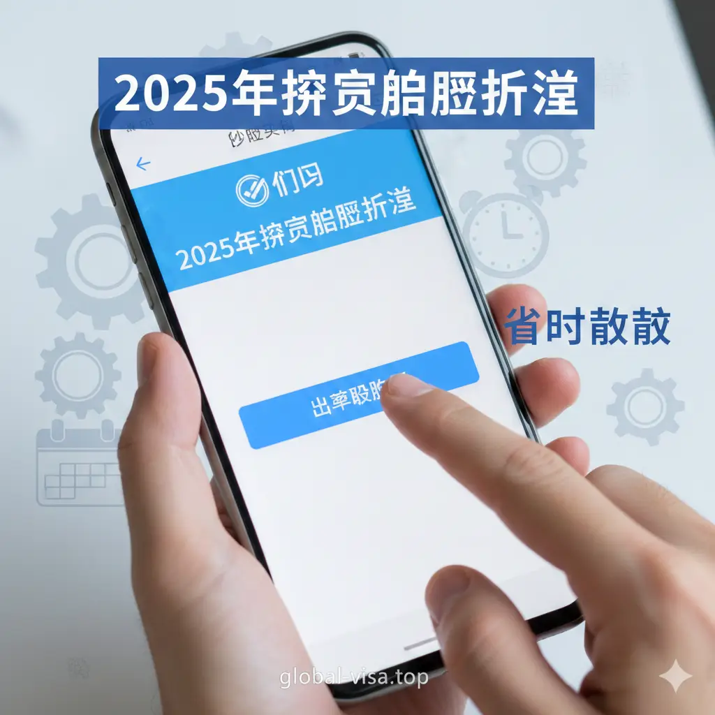 一张描绘2025年护照网上预约流程的教程示意图。画面展示了一只手正在智能手机屏幕上操作‘移民局’APP或小程序的场景。屏幕界面清晰显示出‘预约办理’和‘出入境业务’的按钮。背景是半透明的日历时钟元素，寓意‘省时高效’。整体风格采用写实摄影结合微距构图，色彩明快，聚焦于屏幕指引，能够直观地引导读者完成数字化的预约操作步骤。