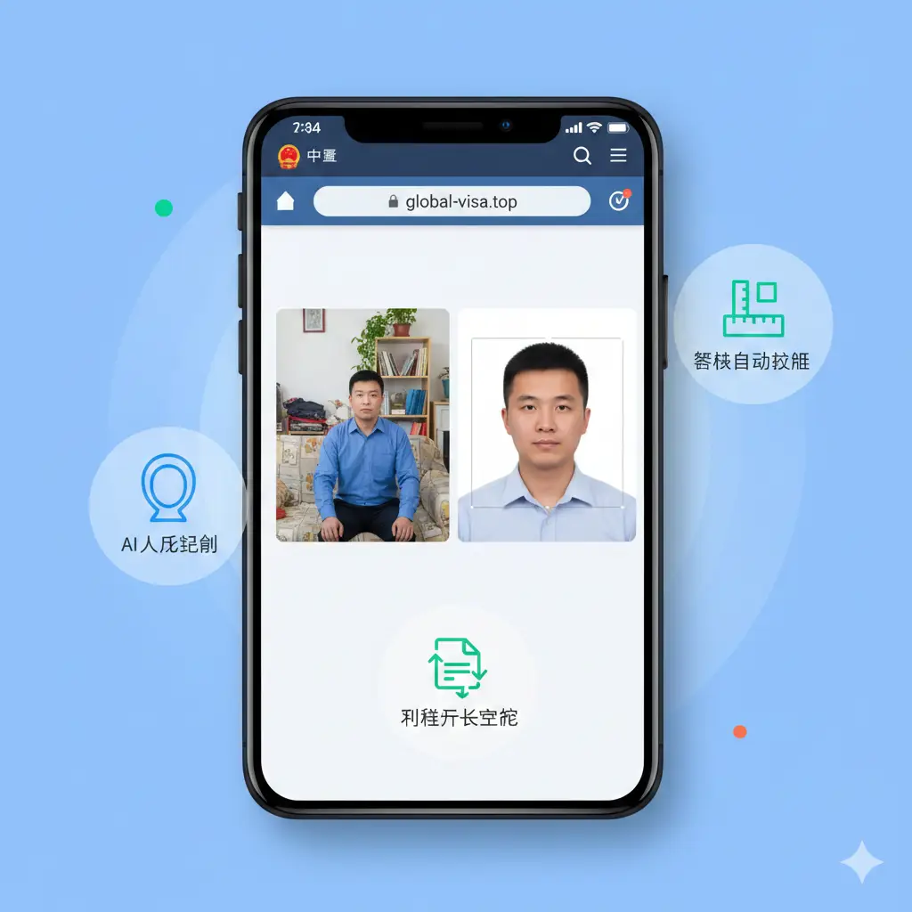 展示网页端智能证件照工具的功能界面。画面中心是一个简洁的手机浏览器窗口,正在演示一键去背和智能裁剪功能。背景从杂乱的居家环境瞬间变为标准的纯白色(RGB 255, 255, 255)。周围悬浮着代表‘AI人脸识别’、‘规格自动校准’和‘文件大小控制’的图标。色彩明亮,体现出比传统手机App更便捷、更专业的Web端技术感。