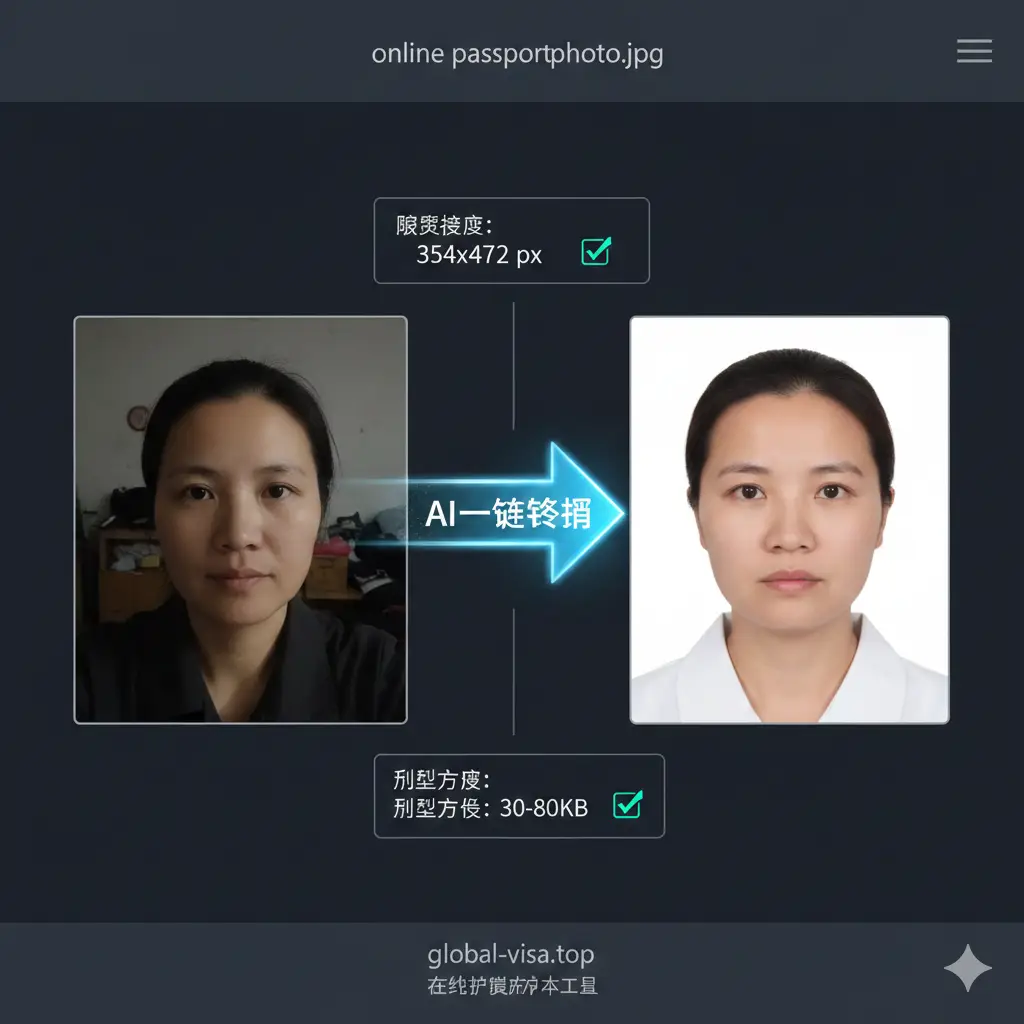 展示在线制作工具的功能特性。左侧是一张光线不佳、背景杂乱的原始手机自拍照，右侧是经过智能工具处理后变成纯白背景、比例完美的中国护照标准照。中间有一个亮眼的‘AI一键转换’箭头。界面元素包含像素检测（354x472 px）和文件大小检查（30-80KB）的UI标识，体现数字化和智能化的服务感。