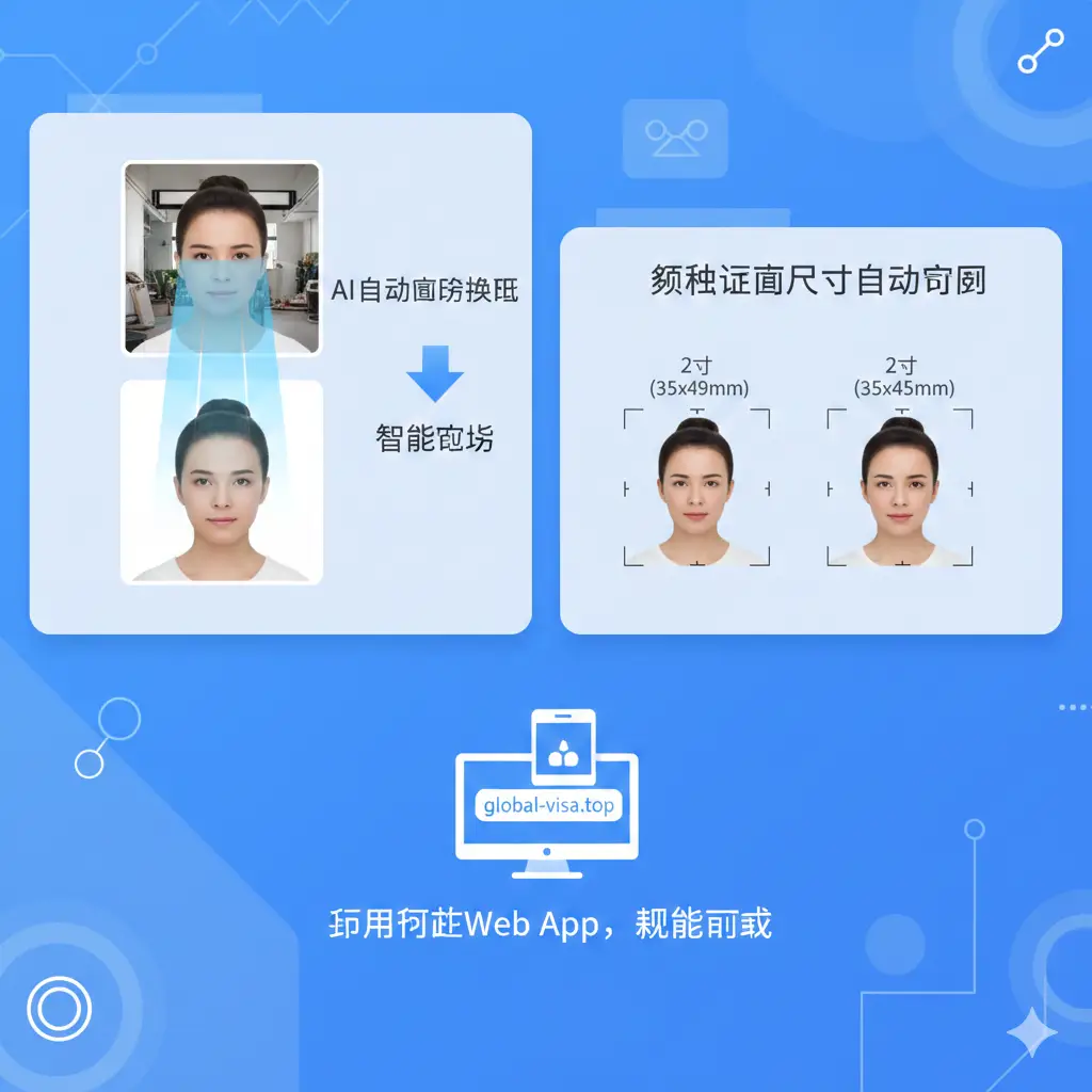 展示核心功能的多宫格设计。左侧展示AI自动抠图换底的过程，从复杂的室内背景瞬间切换为标准的纯白色和蓝色背景；右侧展示针对不同证件规格（2寸、35x45mm）的自动裁剪功能。画面中包含科技感的扫描光束线条，体现‘自动换底色app’的高科技属性。色彩明快，对比鲜明，使用扁平化设计的图标辅助说明，展示无须下载、即用即走的Web App优势。