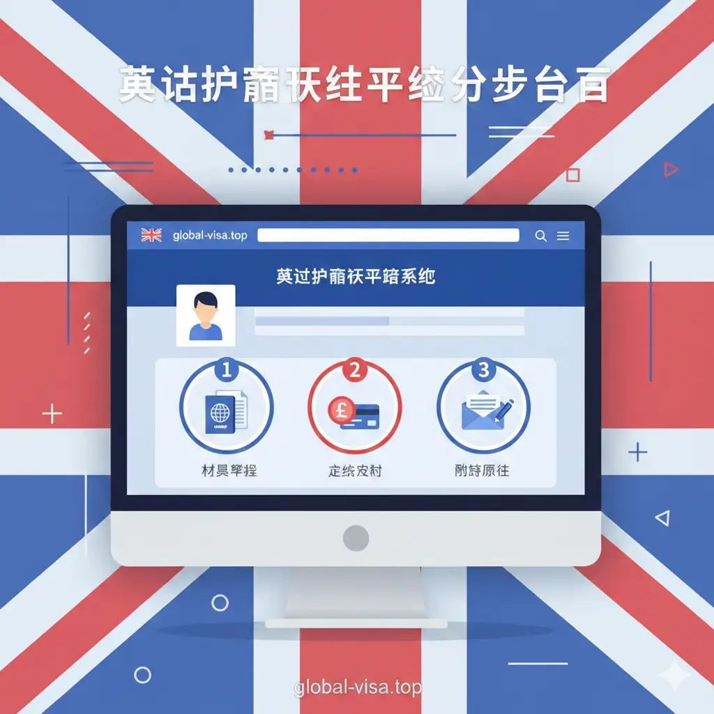 一个视觉化的流程图，使用扁平化设计风格。展示一个电脑屏幕，屏幕上是HM Passport Office的在线申请界面（无需真实截图，仅为示意），旁边有三个圆形图标代表“材料准备”、“在线支付”和“邮寄原件”。图标使用蓝色、红色、白色等英国国旗色，并用数字1, 2, 3标明步骤。图中小元素可以包含护照、信封和英镑符号，体现教程的步骤感和实用性。