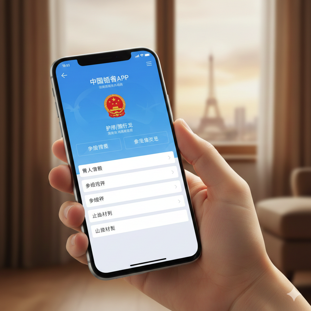专为海外华人设计的场景图。特写镜头展示一只手拿着智能手机，屏幕上显示着类似“中国领事APP”的蓝色界面或电子申请表单。背景虚化，透过窗户可以看到标志性的国外城市景观（如模糊的埃菲尔铁塔或纽约天际线），暗示“身在海外，在线办理”的场景。光线为温暖的室内光，强调数字化办理的便捷性。
