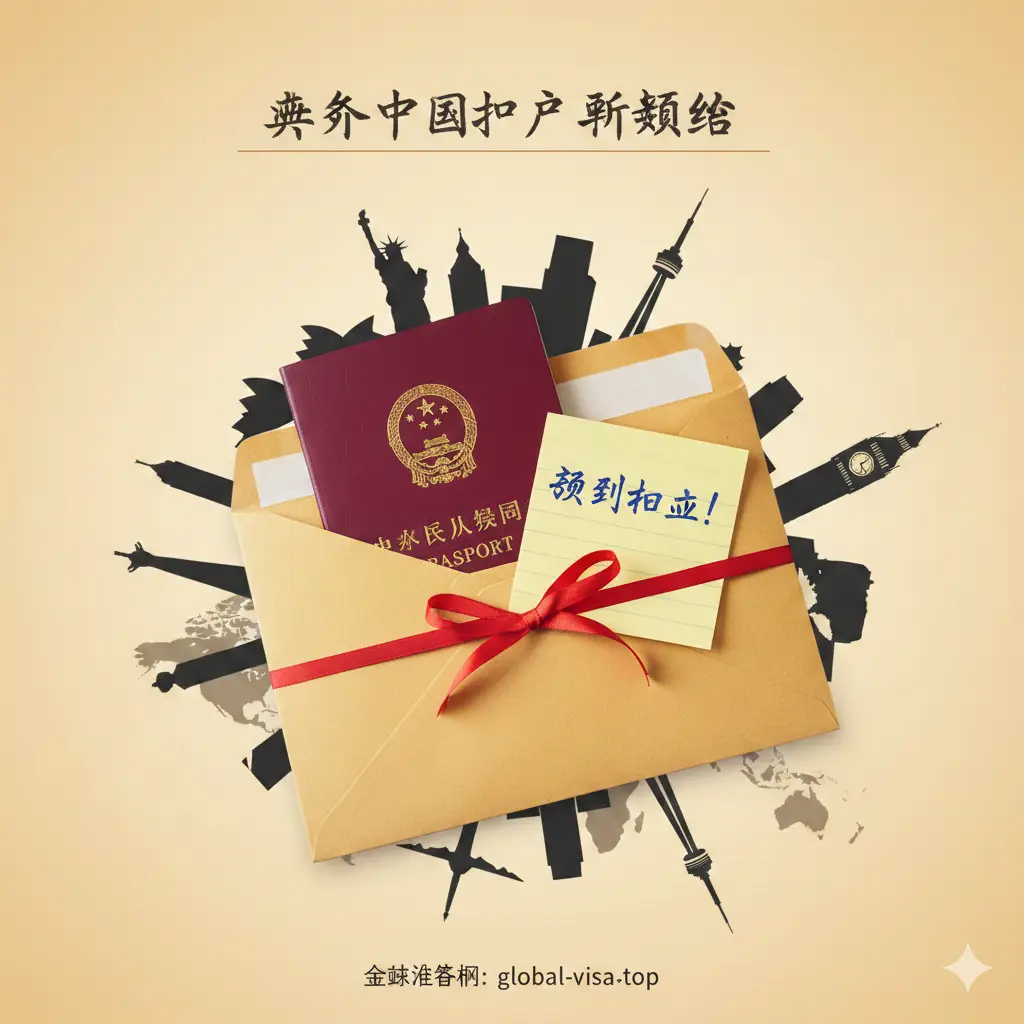 文章总结性图片。画面中心是一个系着红色丝带的快递信封，信封里露出一本崭新的中国护照和一张写着‘顺利拿到’的便签。背景是美、加、英、澳四国的标志性地标（如自由女神、大笨钟、悉尼歌剧院）的微缩剪影。整体氛围轻松愉快，象征着成功办理后的解脱与喜悦。构图疏密有致，色调温暖明亮，为整篇保姆级教程画下圆满句点。