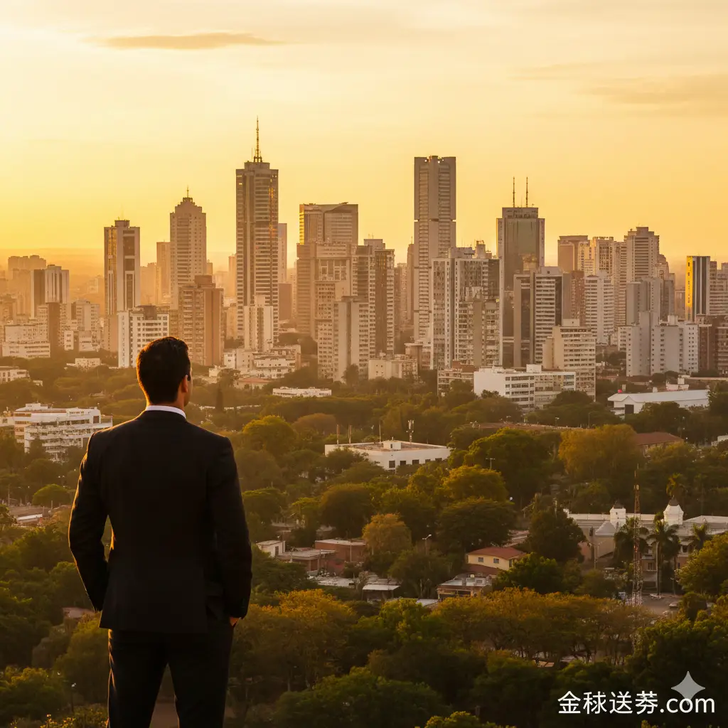展示巴拉圭首都亚松森(Asunción)在金色夕阳下的城市天际线,画面融合了现代建筑与南美特有的绿色植被。前景是一个成功人士的背影轮廓,正轻松地眺望这座城市,象征着移民后的新生活、安定的社会环境以及人生B计划的圆满实现。图片氛围宁静、充满希望,激发用户对未来的美好憧憬。