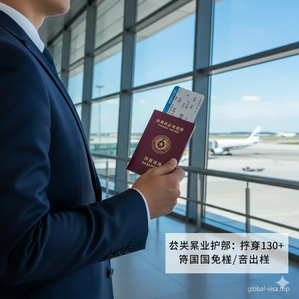 展示一名商务人士在现代化的国际机场航站楼内手持巴拉圭护照和登机牌的场景。透过巨大的落地窗可以看到停机坪上的飞机和明亮的天空,象征着自由与出发。图片采用第一人称视角或侧拍视角,强调持有该护照所享有的130多个国家免签或落地签的旅行便利性,色调明快、现代。