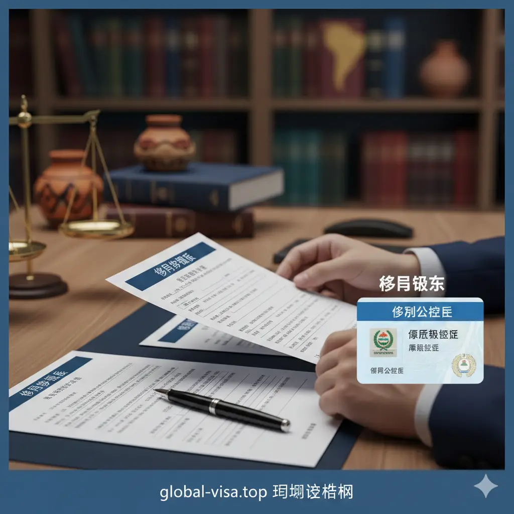 描绘一个整洁专业的律师事务所办公桌场景,桌面上整齐摆放着移民申请表格、文件公证件以及一支签字笔。画面中可以隐约看到一枚模拟的巴拉圭居留卡(Cedula),旁边有一双正在仔细审阅文件的手。背景虚化,隐约可见法律书籍或南美风格的装饰,体现办理流程的严谨性、合规性以及法律程序的正规感。