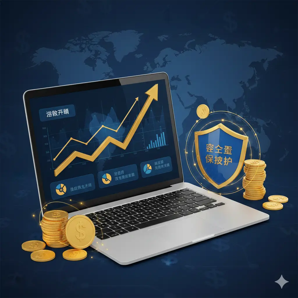 一张概念性的金融摄影图片,旨在表现巴拉圭作为税务天堂的优势。画面中心是一个平板电脑或笔记本电脑,屏幕上显示着增长的财务图表或税务规划的数据。旁边摆放着金币或代表资产保护的盾牌元素,色调以象征信任的深蓝色和代表财富的金色为主,视觉上强调属地税制带来的资产保值增值效果。